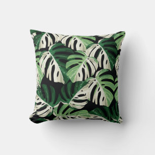 Monstera Leaf Exotic Black Pattern Throw Pillow