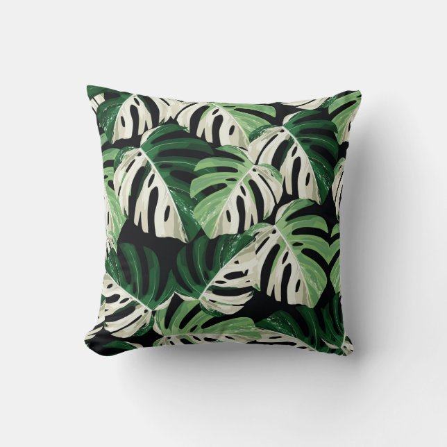 Monstera Leaf Exotic Black Pattern Throw Pillow (Front)