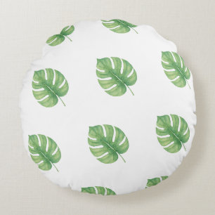 Monstera Leaf Green Design. Round Pillow