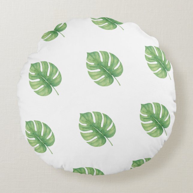 Monstera Leaf Green Design.  Round Pillow (Front)