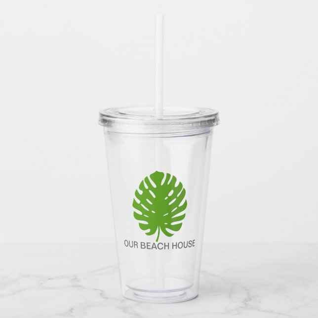 Monstera Leaf Green Navy Modern Coastal Pool  Acrylic Tumbler (Front)