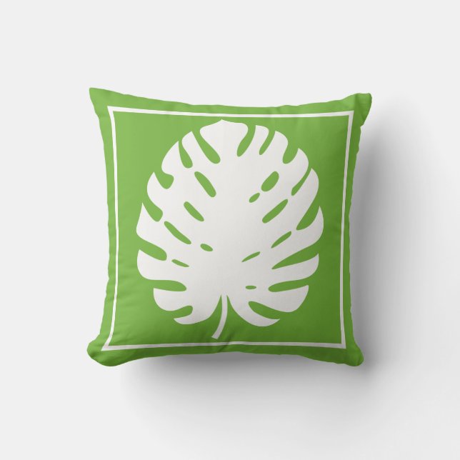 Monstera Leaf Green White Coastal Modern Throw Pillow (Front)