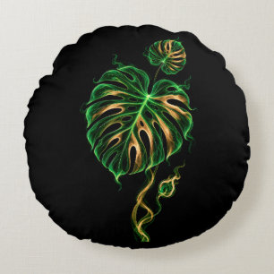 Monstera Leaf - Neon Green and Smoked Gold Round Pillow