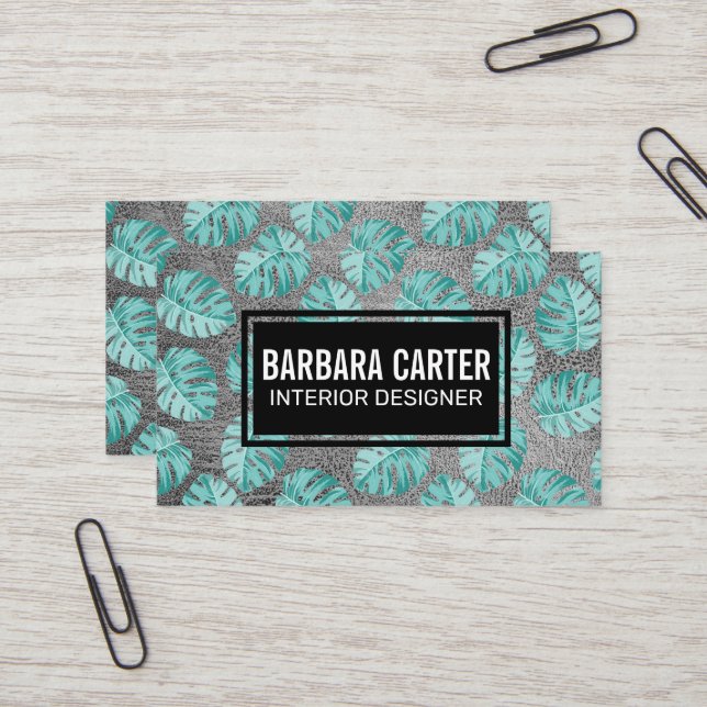 Monstera Leaf Pattern | Leather Texture Business Card (Front/Back In Situ)