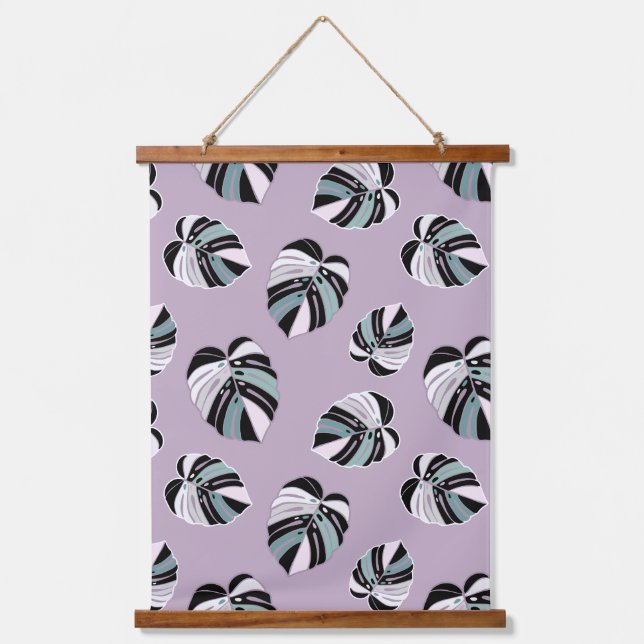 Monstera Leaf Pattern - Purple Green Black White Hanging Tapestry (Front)