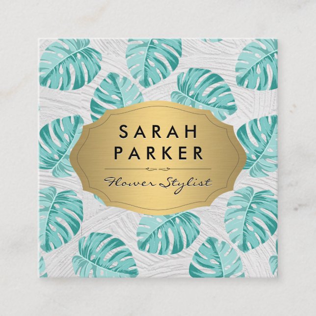 Monstera Leaf Pattern Square Business Card (Front)