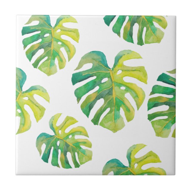 Monstera Leaf Pattern Tropical Green Summer Tile (Front)