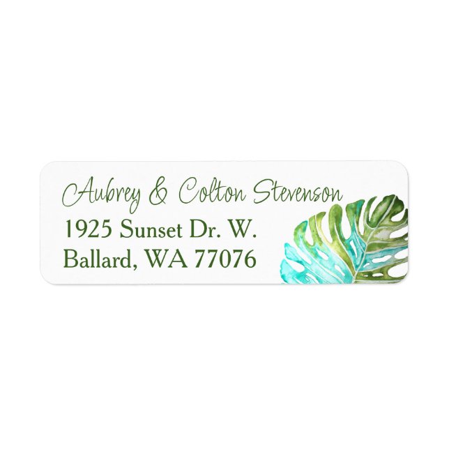 Monstera Leaf Return Address Labels, Green Blue (Front)