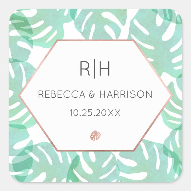 Monstera Leaf & Rose Gold Square Sticker (Front)