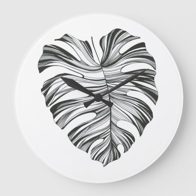 Monstera Leaf: Tropical Natural Element. Large Clock (Front)