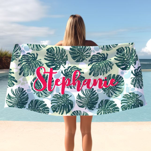 Monstera Leaf Tropical Palm Hot Pink Script Name Beach Towel (Creator Uploaded)