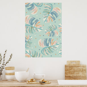Monstera Leaf - Turquoise, Green, Coral, Mustard Poster