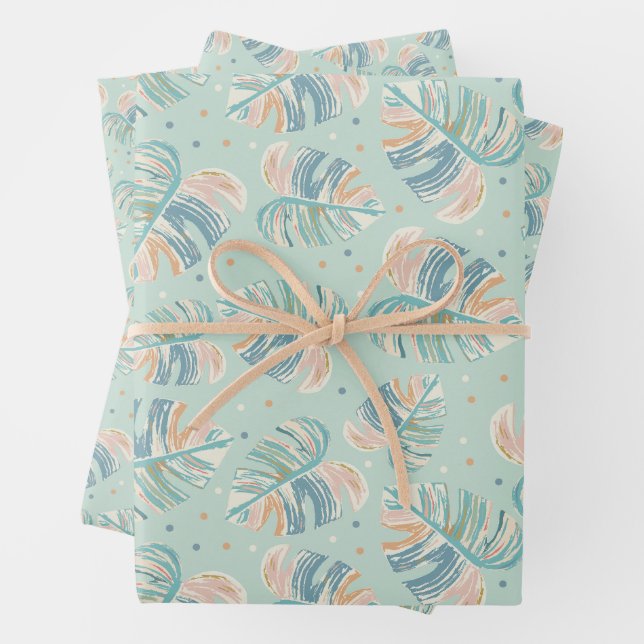 Monstera Leaf - Turquoise, Green, Coral, Mustard Wrapping Paper Sheet (In situ)