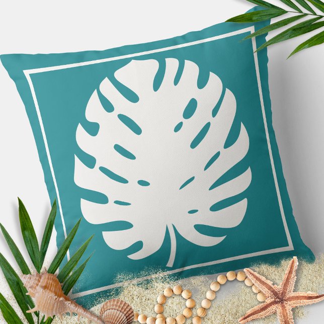 Monstera Leaf Turquoise White Coastal Modern Throw Pillow (Creator Uploaded)