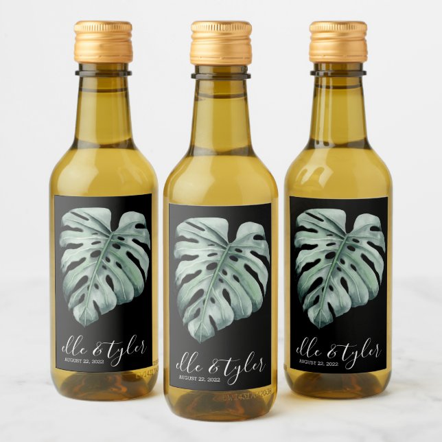 Monstera Leaf Wedding Mini Wine Bottle Label (Bottles)