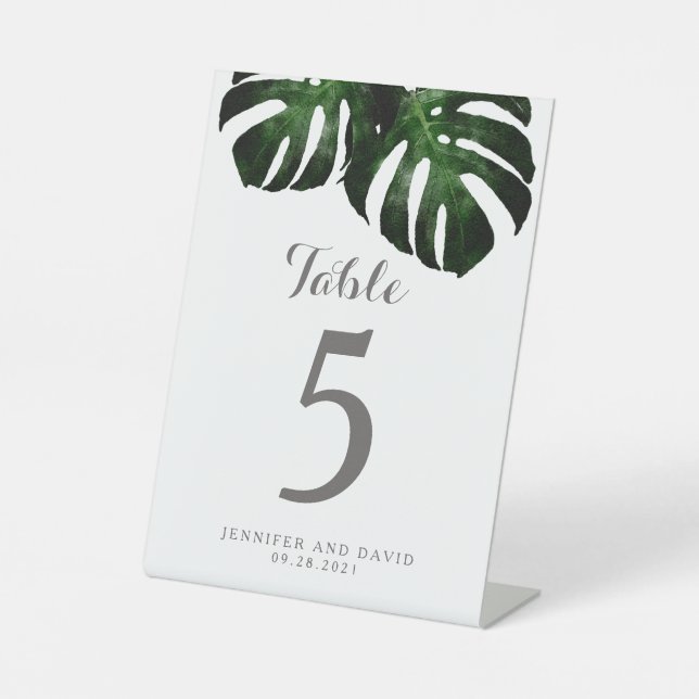 Monstera Leaf Wedding Table Number Pedestal Sign (Front)