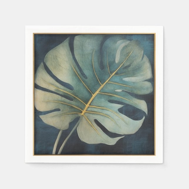 Monstera leaf with gold detail and dark blue napkin (Front)