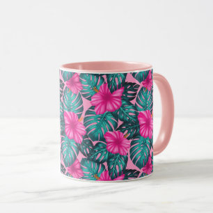 Monstera Leaves and Hibiscus, Teal and Pink Mug