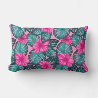 Monstera leaves and Hibiscus Teal and Pink on Pink Lumbar Pillow