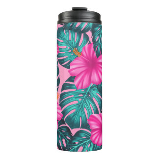 Monstera Leaves and Hibiscus, Teal and Pink Thermal Tumbler