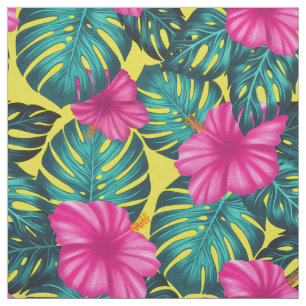 Monstera Leaves and Hibiscus, Teal Pink on Yellow Fabric