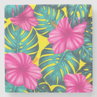 Monstera Leaves and Hibiscus, Teal Pink on Yellow Stone Coaster