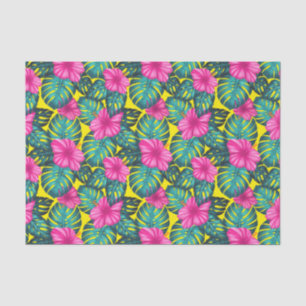 Monstera Leaves and Hibiscus, Teal Pink on Yellow Tissue Paper