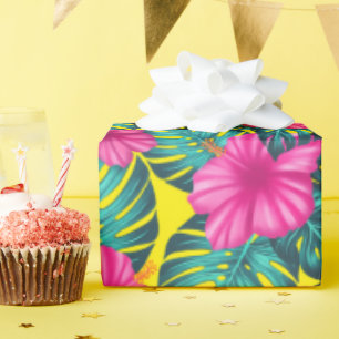 Monstera Leaves and Hibiscus, Teal Pink on Yellow Wrapping Paper