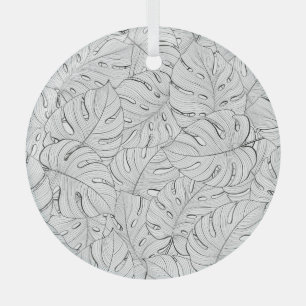 Monstera Leaves Black White Pattern Glass Ornament