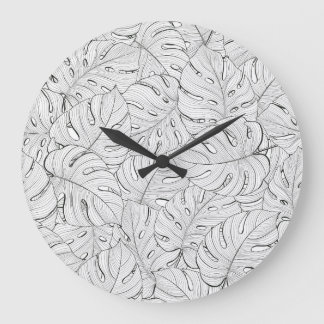 Monstera Leaves Black White Pattern Large Clock