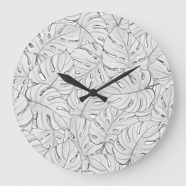 Monstera Leaves Black White Pattern Large Clock (Front)
