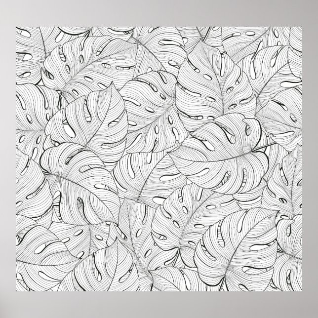 Monstera Leaves Black White Pattern Poster (Front)