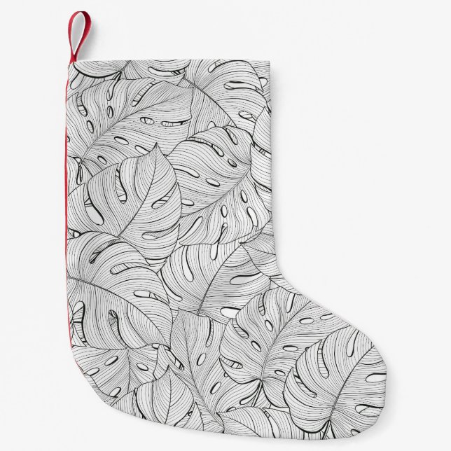 Monstera Leaves Black White Pattern Small Christmas Stocking (Front)