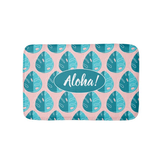 Monstera Leaves - Blue and Pink Bath Mat (Front)