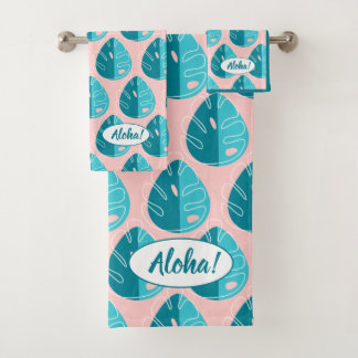 Monstera Leaves - Blue and Pink Bath Towel Set
