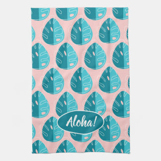 Monstera Leaves - Blue and Pink Kitchen Towel