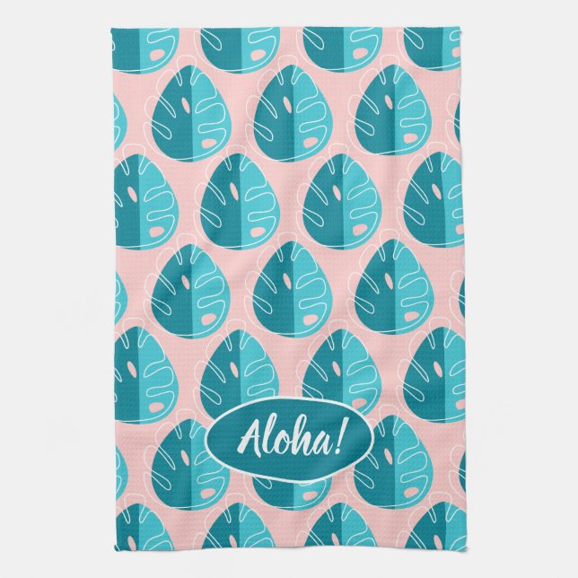 Monstera Leaves - Blue and Pink Kitchen Towel (Vertical)