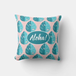 Monstera Leaves - Blue and Pink Outdoor Pillow