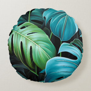 Monstera Leaves Botanical Tropical Jungle Foliage  Round Pillow