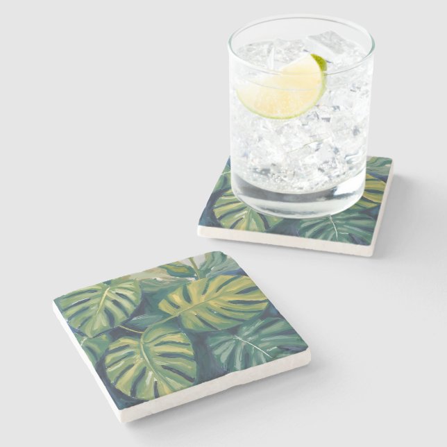 Monstera Leaves Botanical Watercolor Stone Coaster (Side)