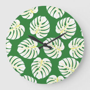 Monstera Leaves, Dark Green Vintage. Large Clock