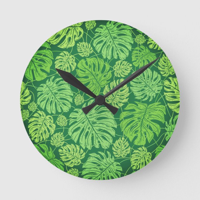 Monstera leaves floral pattern     round clock (Front)
