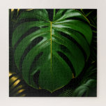 Monstera Leaves Gold Jungle Glamour Jigsaw Puzzle<br><div class="desc">Indulge in sophisticated jungle opulence with this stunning high-contrast botanical! Oversized, glossy Monstera leaves gleam in deep emerald green with luxurious metallic-gold veins and delicate gold outlining, set against a dramatic inky black backdrop. Layered palm fronds add depth and richness, creating an instantly glamorous, modern-tropical statement that exudes elegance and...</div>