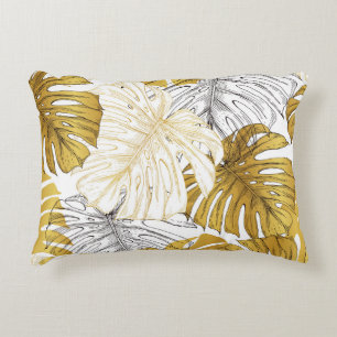 Monstera Leaves: Golden White Accent Pillow