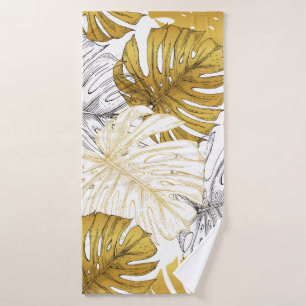 Monstera Leaves: Golden White Bath Towel