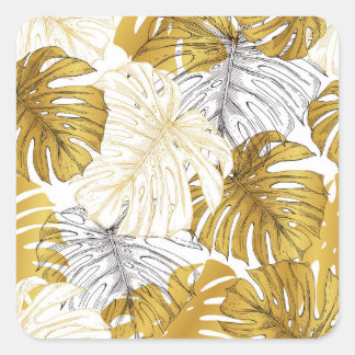 Monstera Leaves: Golden White Square Sticker