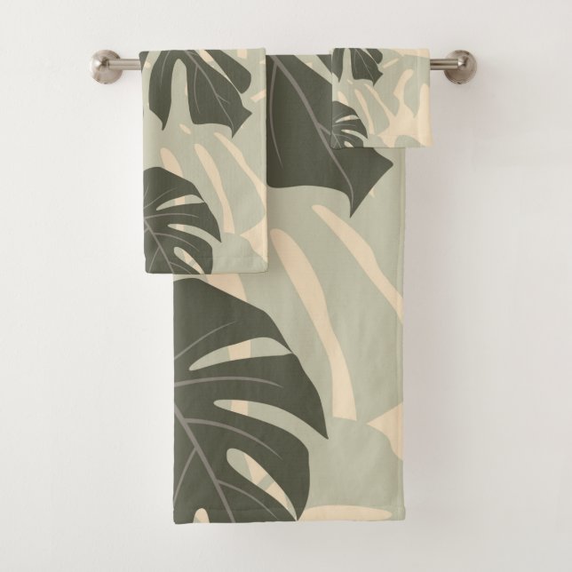 Monstera leaves (Green and Sand) Bath Towel Set (Insitu)