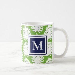 Monstera Leaves Green Navy Modern Monogram Coastal Coffee Mug