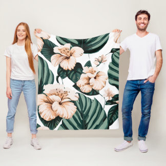 Monstera leaves hibiscus fleece blanket