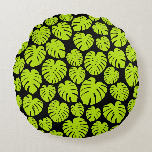 Monstera leaves in Lime Green and black Round Pillow (Front)
